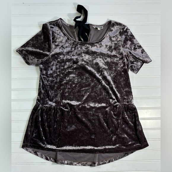 Pleione Crushed Velvet Peplum Blouse Purple Tie Back Womens Size Small - Picture 7 of 16